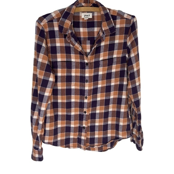 PACT Women’s Mila Purple Orange Plaid Button Down Flannel Size Small - Picture 1 of 15